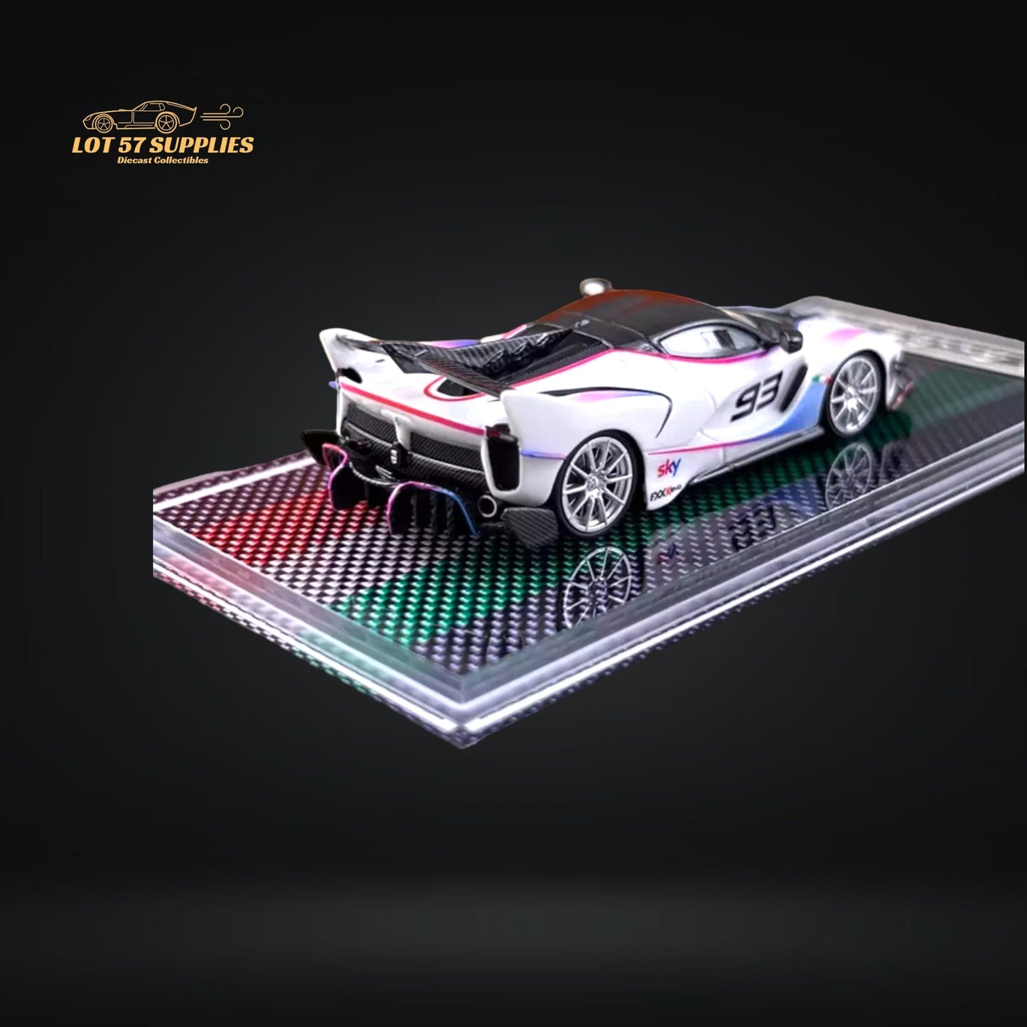 White Ferrari FXX-K Evo diecast model car #93, 1:64 scale, with detailed features and branding from Lot57Supplies Diecast Shop.