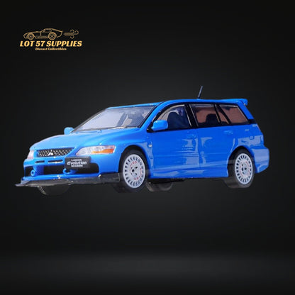 Blue Inno64 Mitsubishi Lancer Evolution IX Wagon diecast model, detailed miniature vehicle on a plain background.