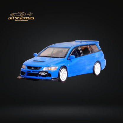 Blue Inno64 Mitsubishi Lancer Evolution IX Wagon diecast model, detailed 1:64 scale vehicle from Lot57Supplies Diecast Shop.