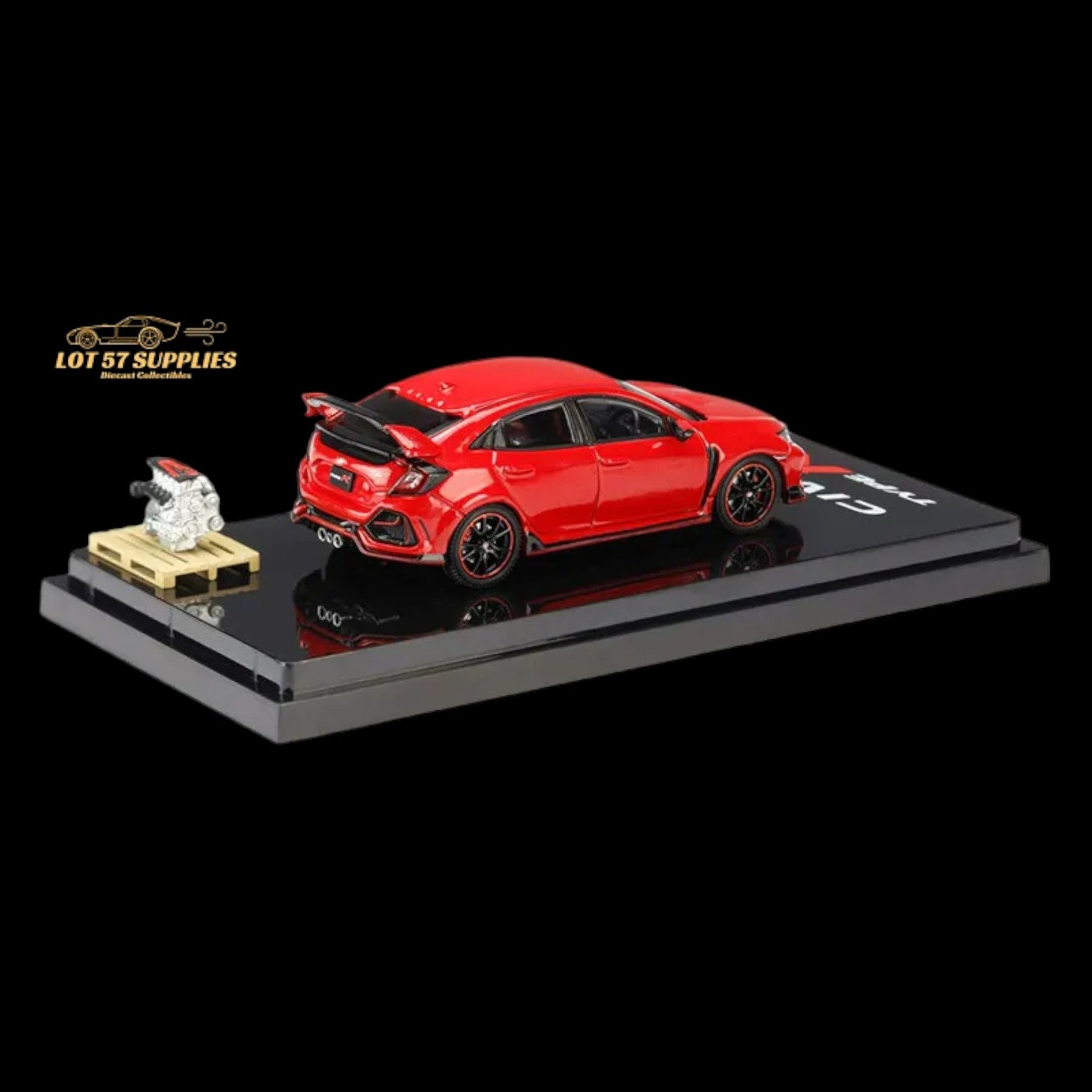 Honda Civic Type R FK8 diecast model in Flame Red, 1:64 scale by Hobby Japan, showing detailed exterior and sporty design.