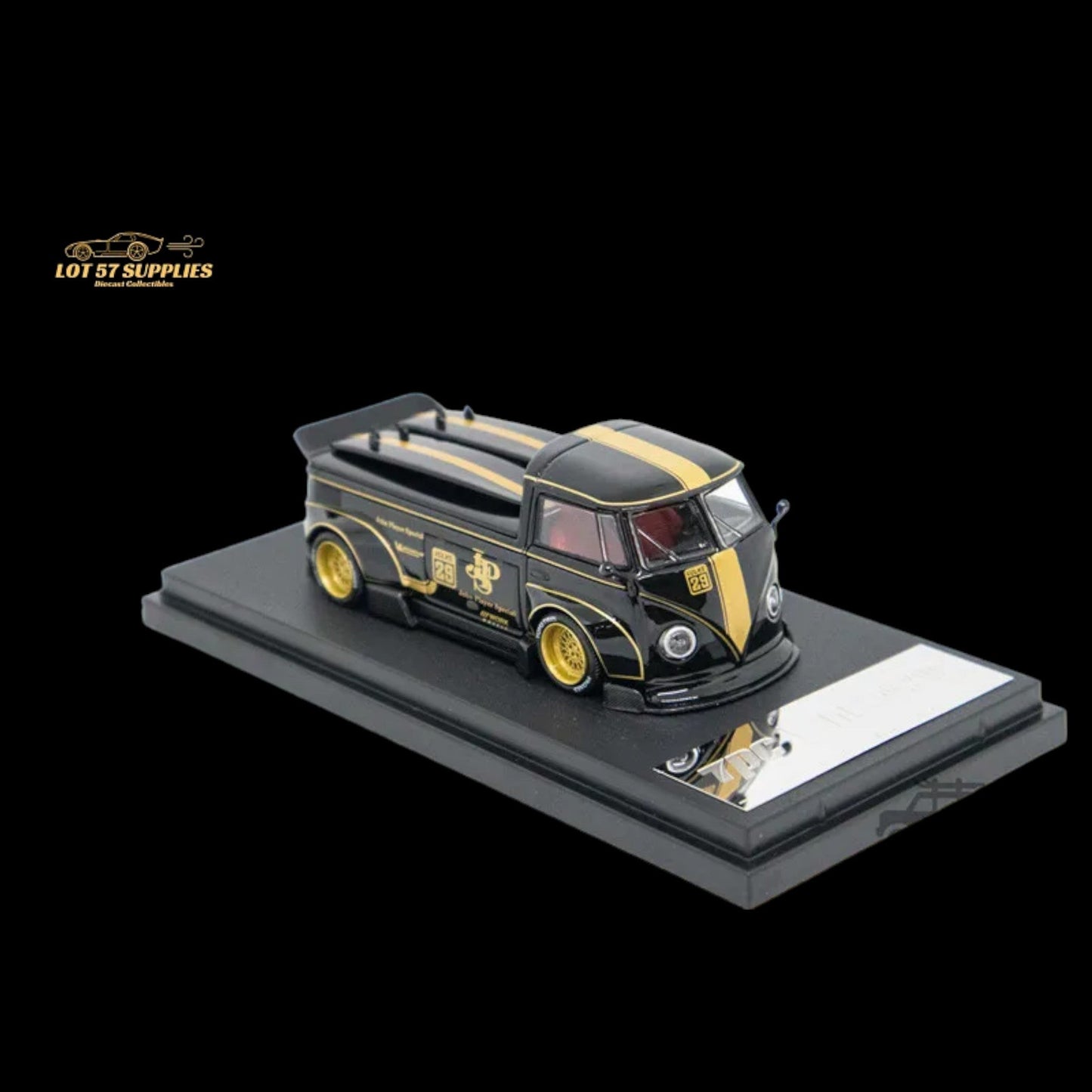 Diecast Volkswagen T1 Pick Up JPS model with surfboards in 1:64 scale, featuring detailed design and vibrant colors.