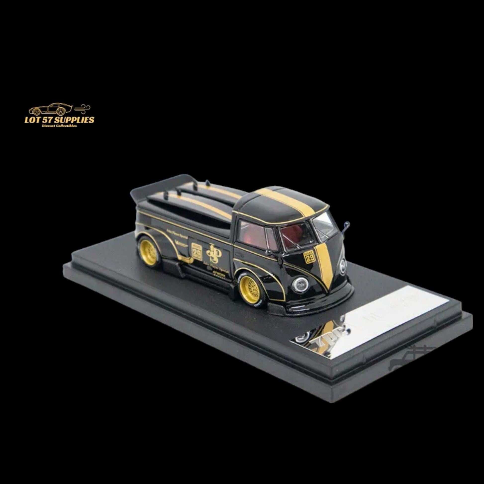 Diecast Volkswagen T1 Pick Up JPS model with surfboards in 1:64 scale, featuring detailed design and vibrant colors.