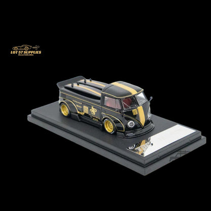 Diecast Volkswagen T1 Pick Up JPS model with surfboards in 1:64 scale, featuring detailed design and vibrant colors.