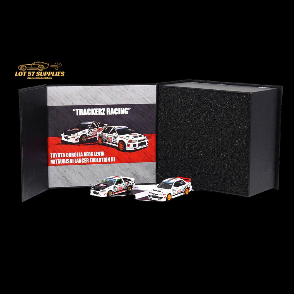 Miniature Mitsubishi Lancer Evo III and Toyota AE86 diecast cars in 1:64 scale by Lot57Supplies Diecast Shop, detailed model images.