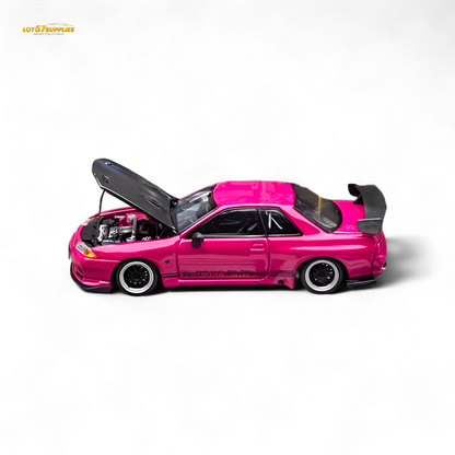 Pink Focal Horizon Nissan Skyline GT-R R32 diecast model by Lot57Supplies, detailed 1:64 scale car with Top Secret livery.