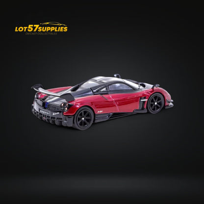 Red Pagani Huayra BC diecast model in 1:64 scale, detailed replica from Tarmac Works, featuring sleek design and intricate features.