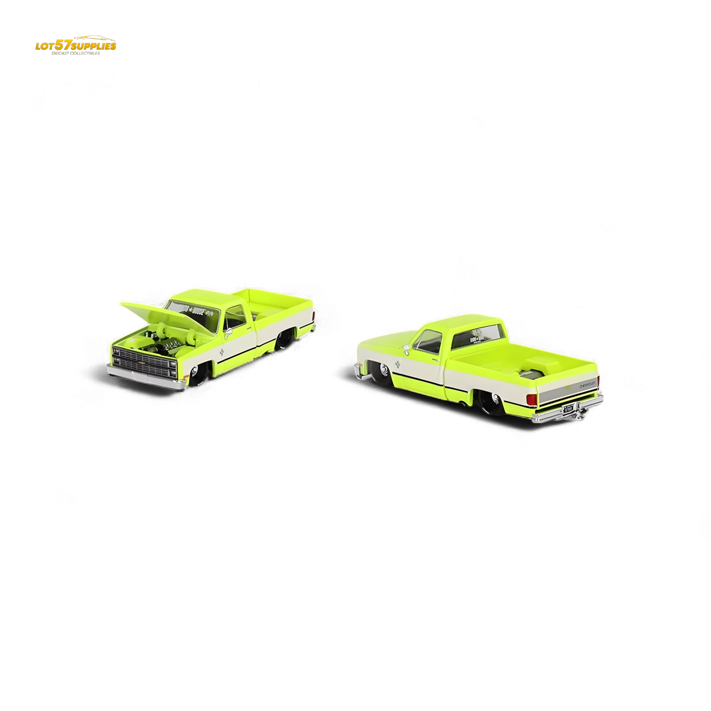 Mini GT x Kaido House Chevrolet Silverado FLO YELLOW 1:64 diecast model showcasing bright yellow finish and detailed Chevrolet truck design