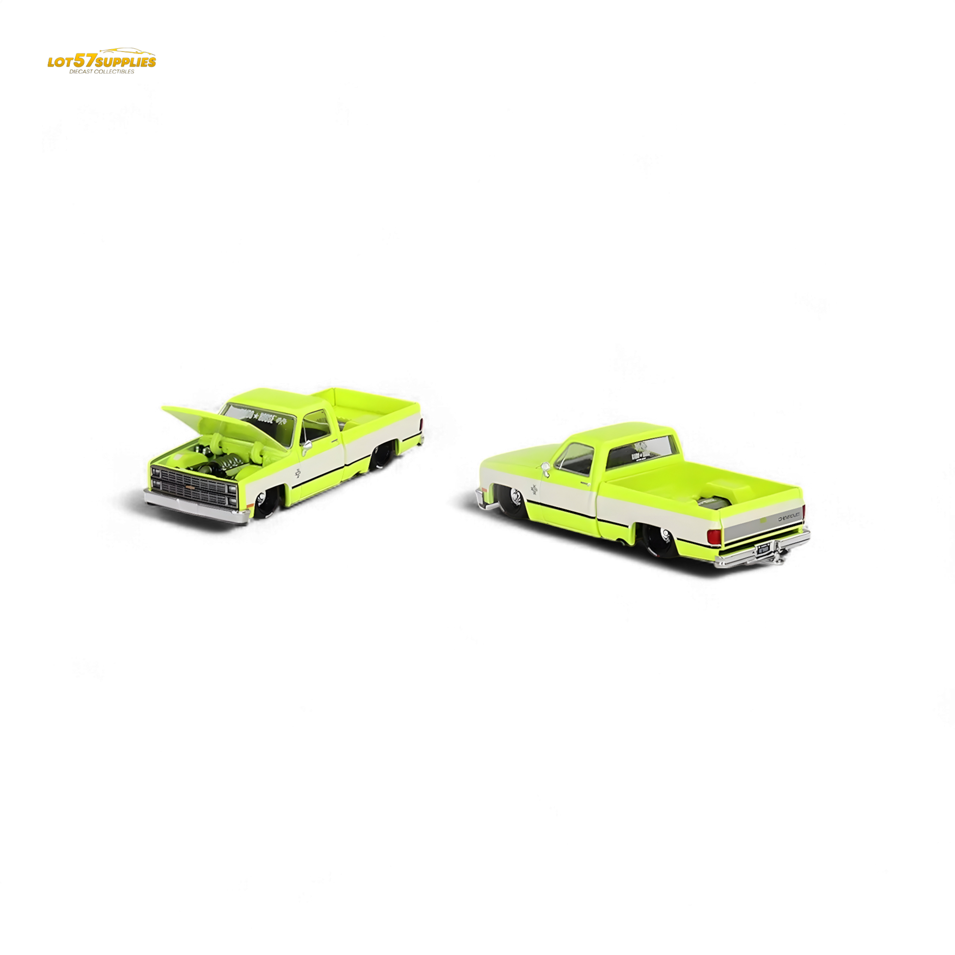 Mini GT x Kaido House Chevrolet Silverado FLO YELLOW 1:64 diecast model showcasing bright yellow finish and detailed Chevrolet truck design