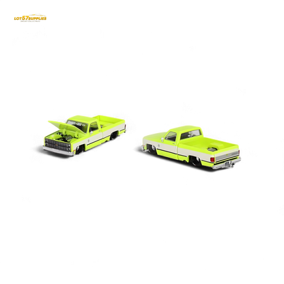 Mini GT x Kaido House Chevrolet Silverado FLO YELLOW 1:64 diecast model showcasing bright yellow finish and detailed Chevrolet truck design