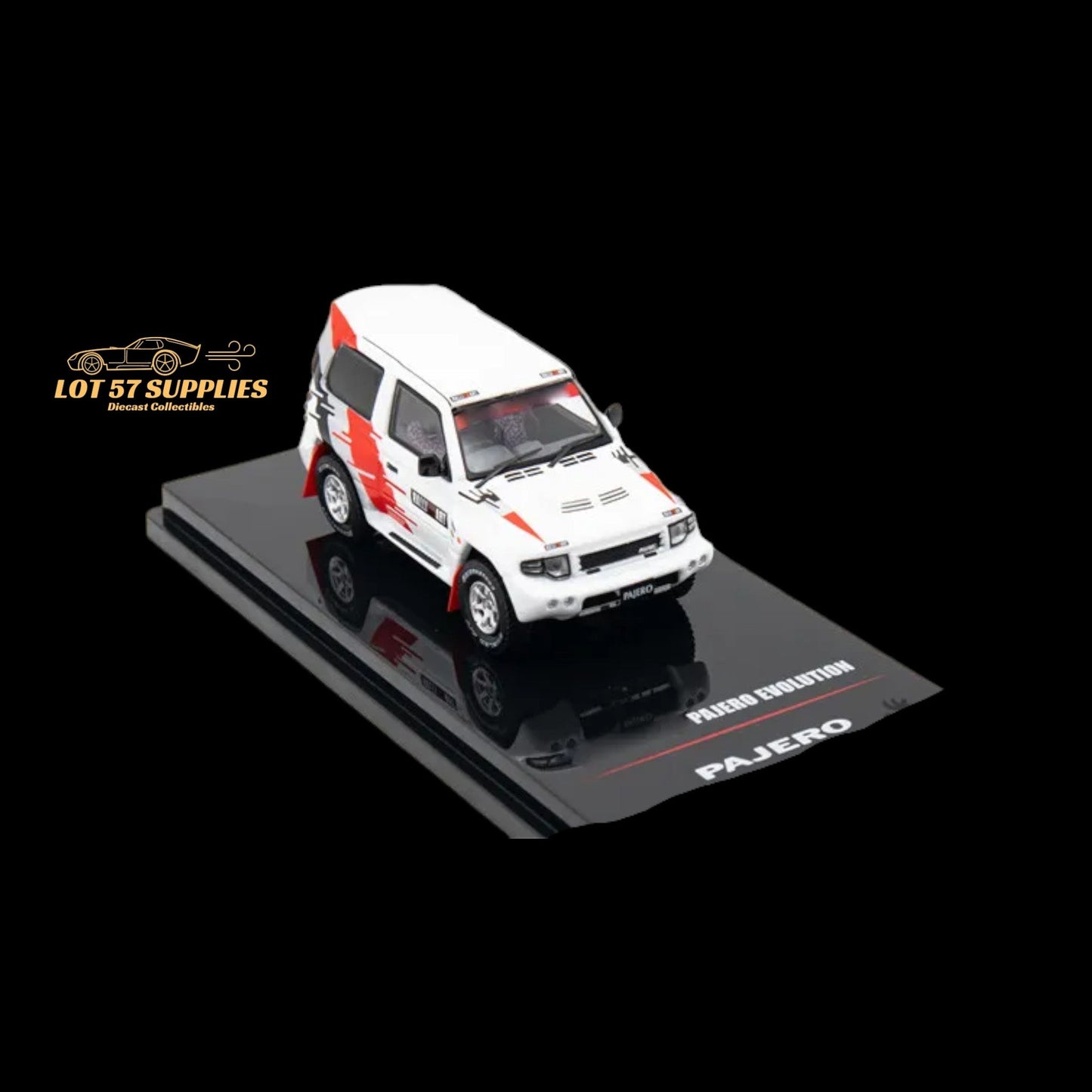 White Inno64 Mitsubishi Pajero Evolution Ralliart diecast model, detailed miniature SUV in 1:64 scale.