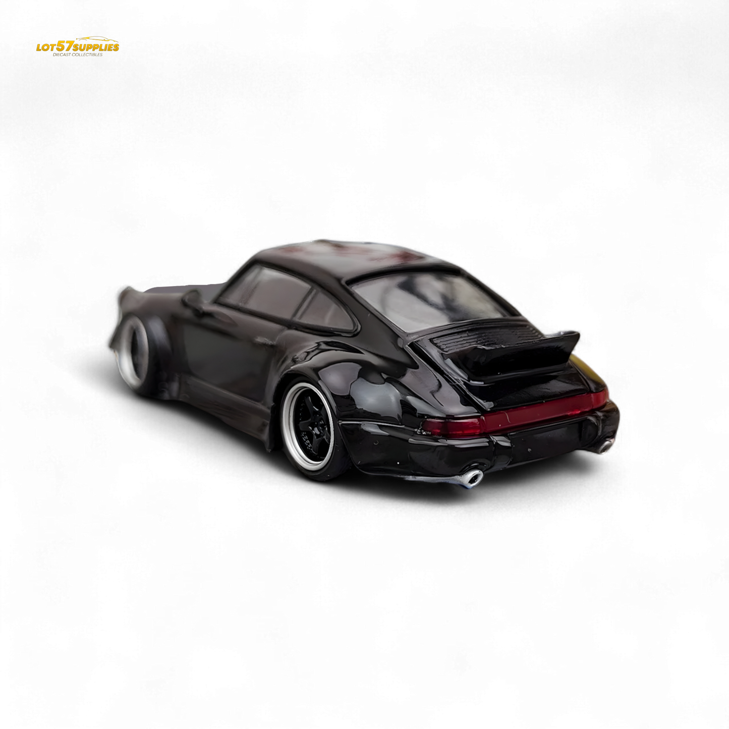 Gloss black Porsche 964 RWB Ducktail diecast model in 1:64 scale with detailed features and realistic finish.