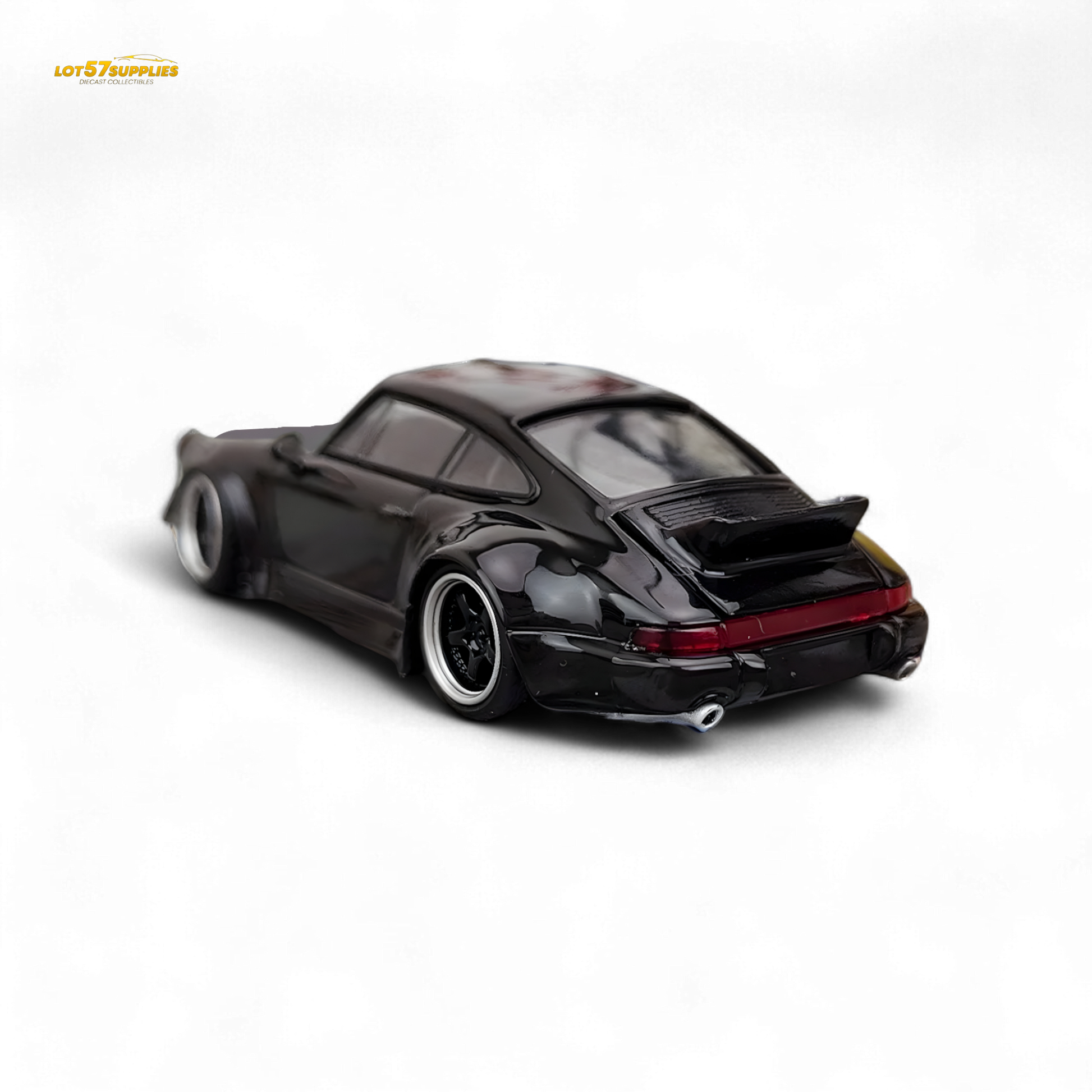 Gloss black Porsche 964 RWB Ducktail diecast model in 1:64 scale with detailed features and realistic finish.