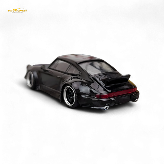 Gloss black Porsche 964 RWB Ducktail diecast model in 1:64 scale with detailed features and realistic finish.