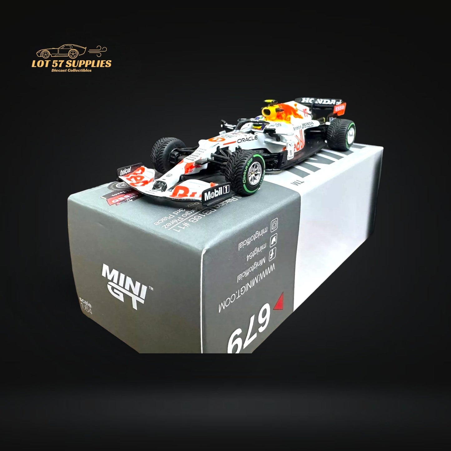 Mini-GT Red Bull RB16B diecast model of Sergio Pérez #11 in red and black, detailed 1:64 scale car, perfect for collectors.