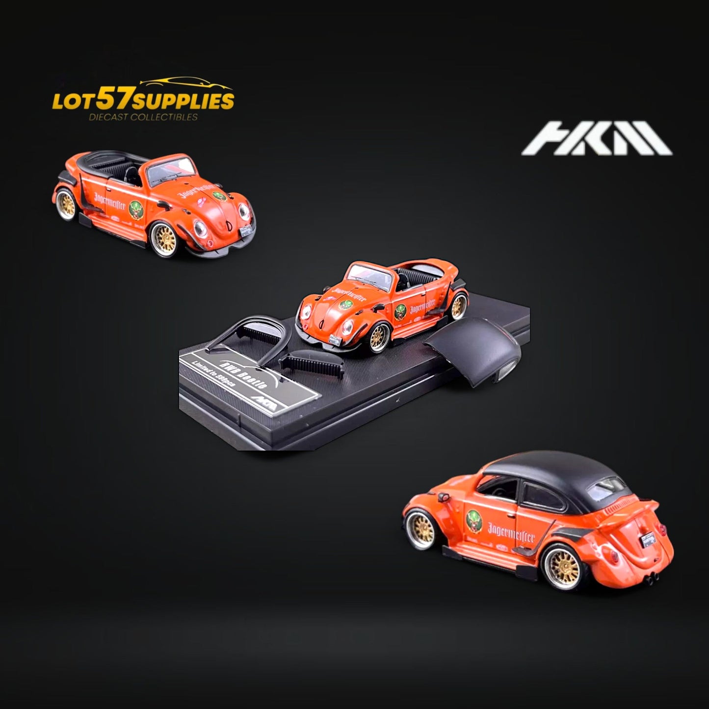 HKM VW Beetle Jagermeister 1:64 diecast model car in green with Jagermeister livery, detailed miniature collectible.