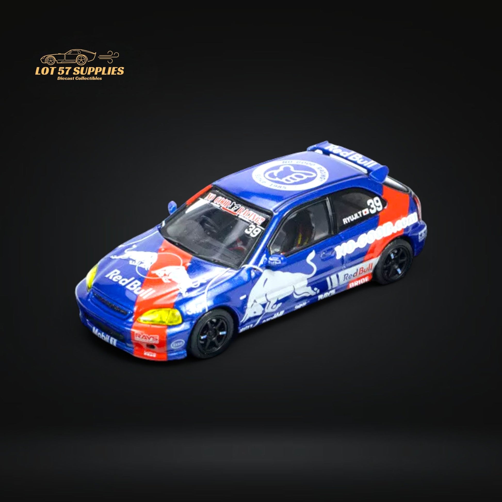 Red Bull livery Honda Civic Type-R EK9 diecast model in 1:64 scale with detailed racing design.