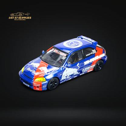 Red Bull livery Honda Civic Type-R EK9 diecast model in 1:64 scale with detailed racing design.