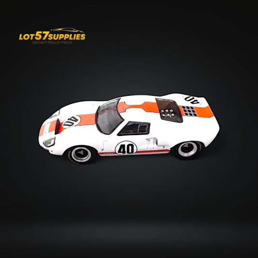 Diecast Ford GT40 MK1 in Gulf livery, 1:64 scale, with detailed blue and orange racing design, from Lot57Supplies Diecast Shop.