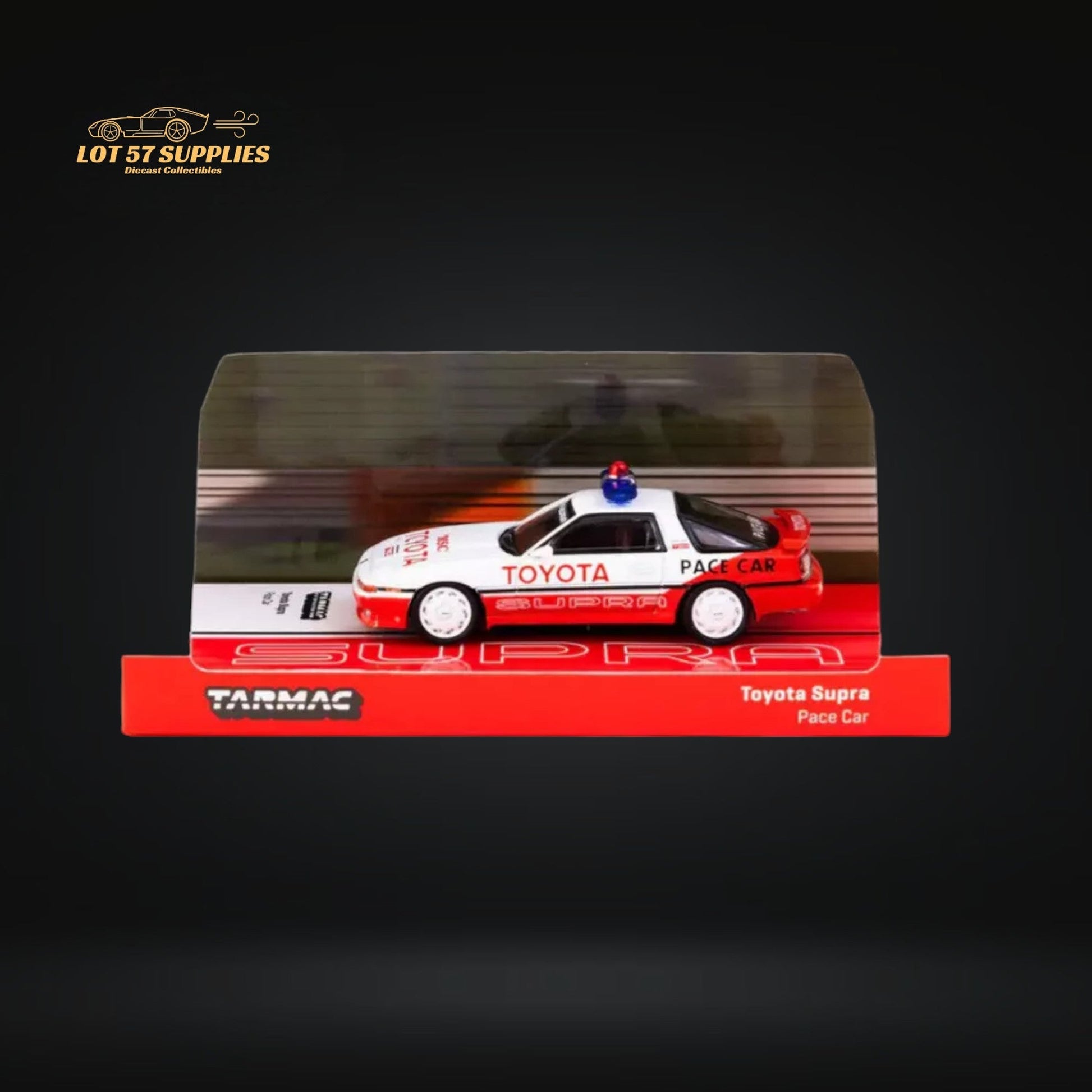 Diecast Toyota Supra A70 Pace Car in 1:64 scale, detailed model with distinctive design and bright livery.