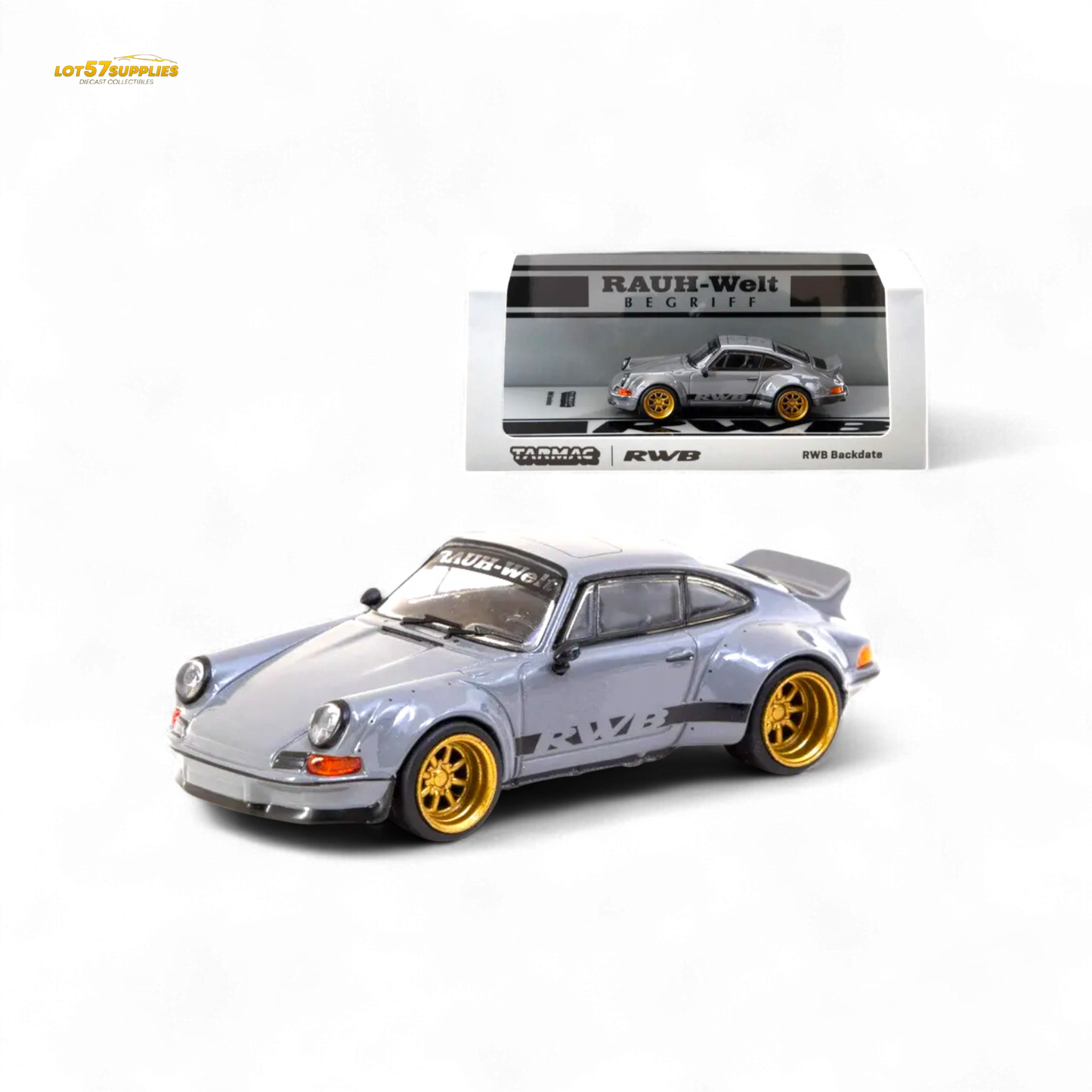 Gray Porsche RWB backdate diecast model in 1:64 scale by Tarmac Works, showcasing detailed exterior and design features.