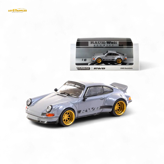 Gray Porsche RWB backdate diecast model in 1:64 scale by Tarmac Works, showcasing detailed exterior and design features.