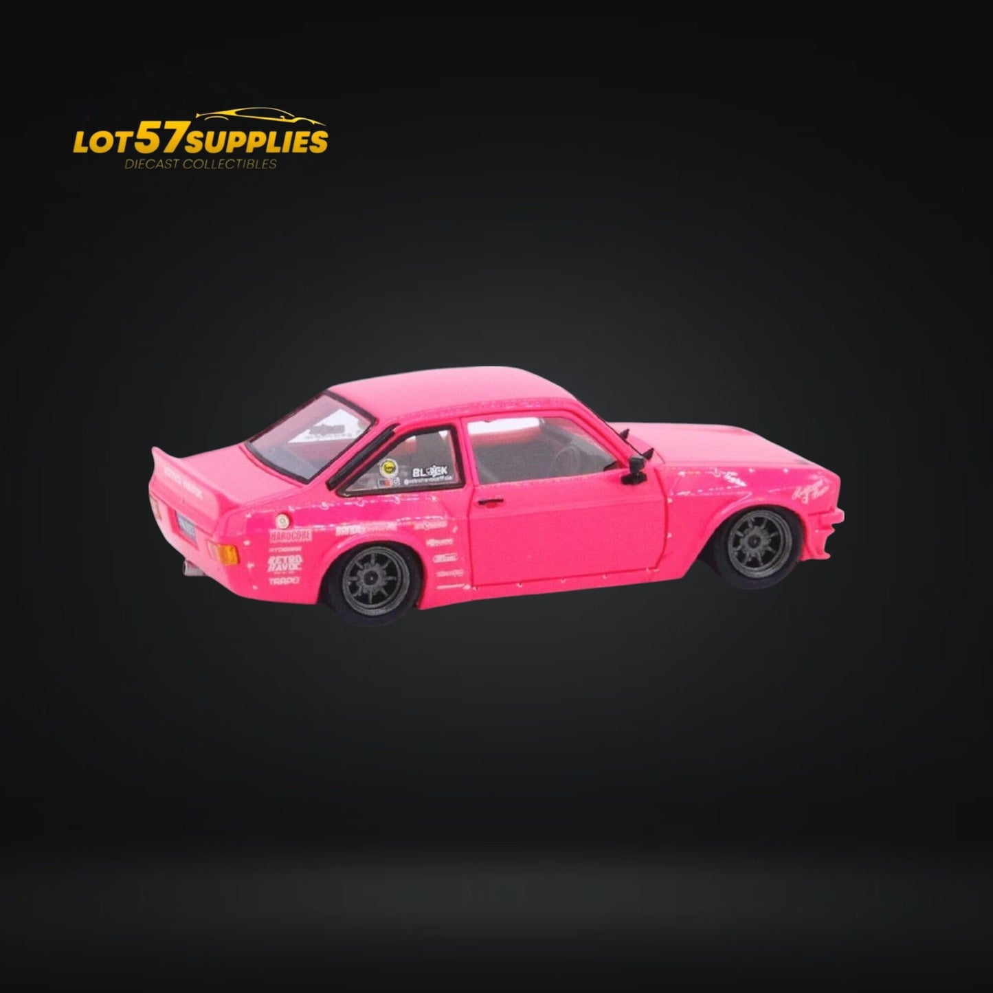 Miniature Ford Escort MK2 diecast car by Inno64 in Pandem "Emotion" Retro Havoc Pink, 1:64 scale, detailed collectible model.