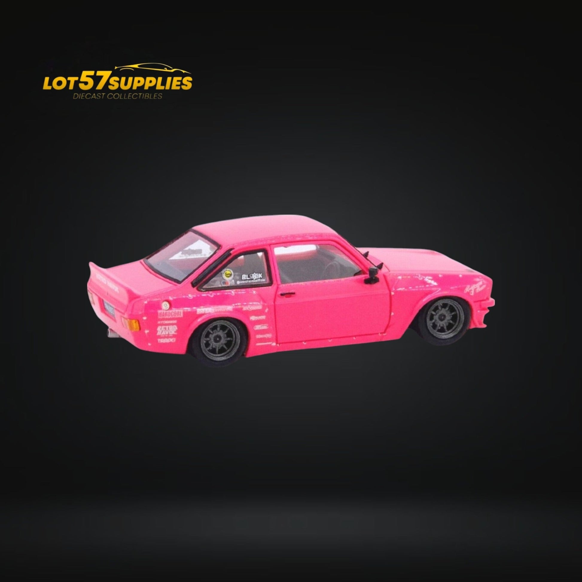 Miniature Ford Escort MK2 diecast car by Inno64 in Pandem "Emotion" Retro Havoc Pink, 1:64 scale, detailed collectible model.