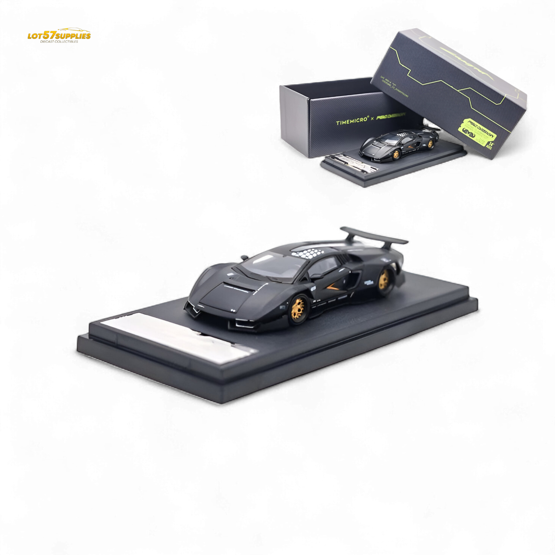 Black Lamborghini TimeMicro Countach diecast model in 1:64 scale by Lot57Supplies Diecast Shop, detailed miniature car.