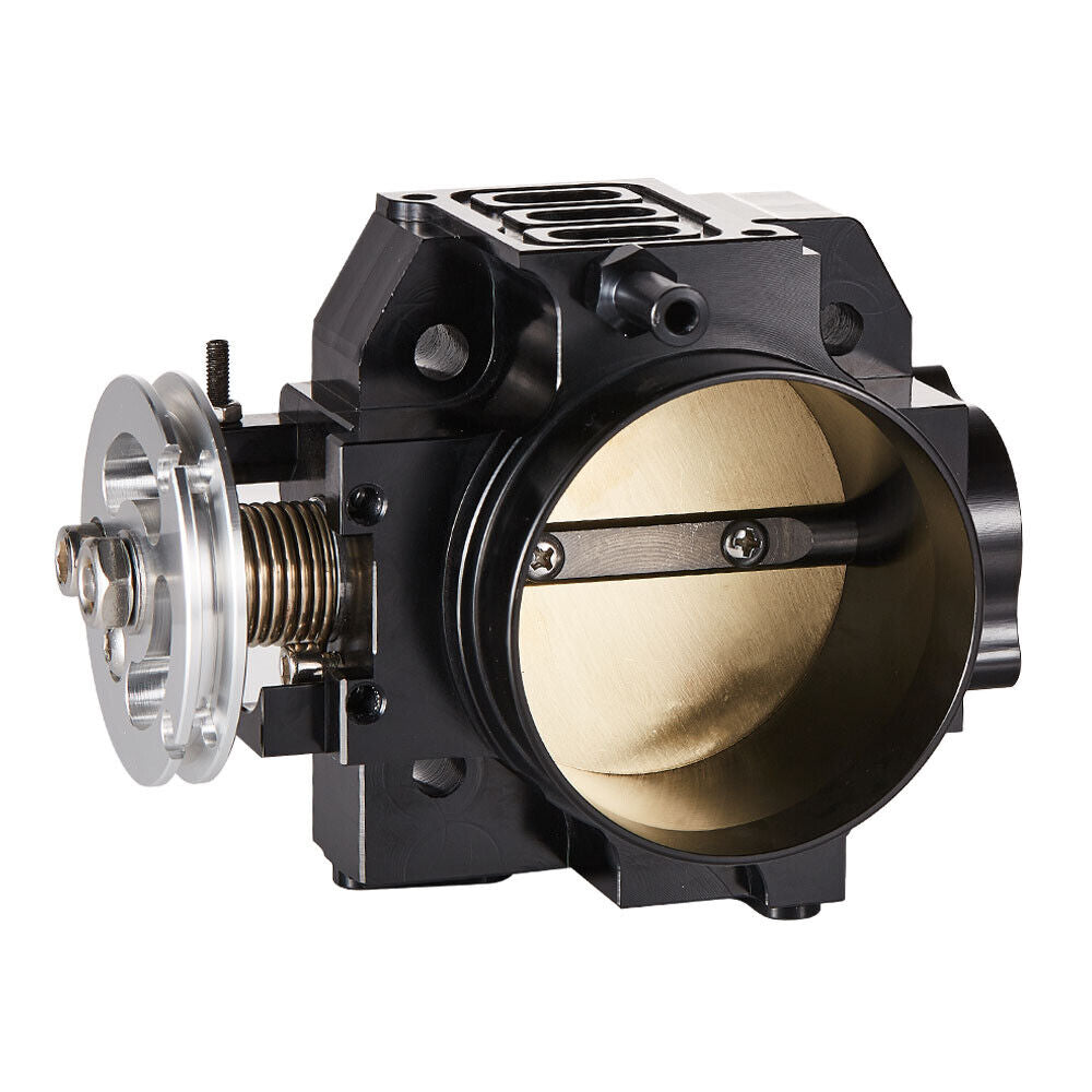 Black 70mm billet aluminum throttle body for K20 RSX DC5 and Civic Si EP3 from Speedzone Performance LLC.