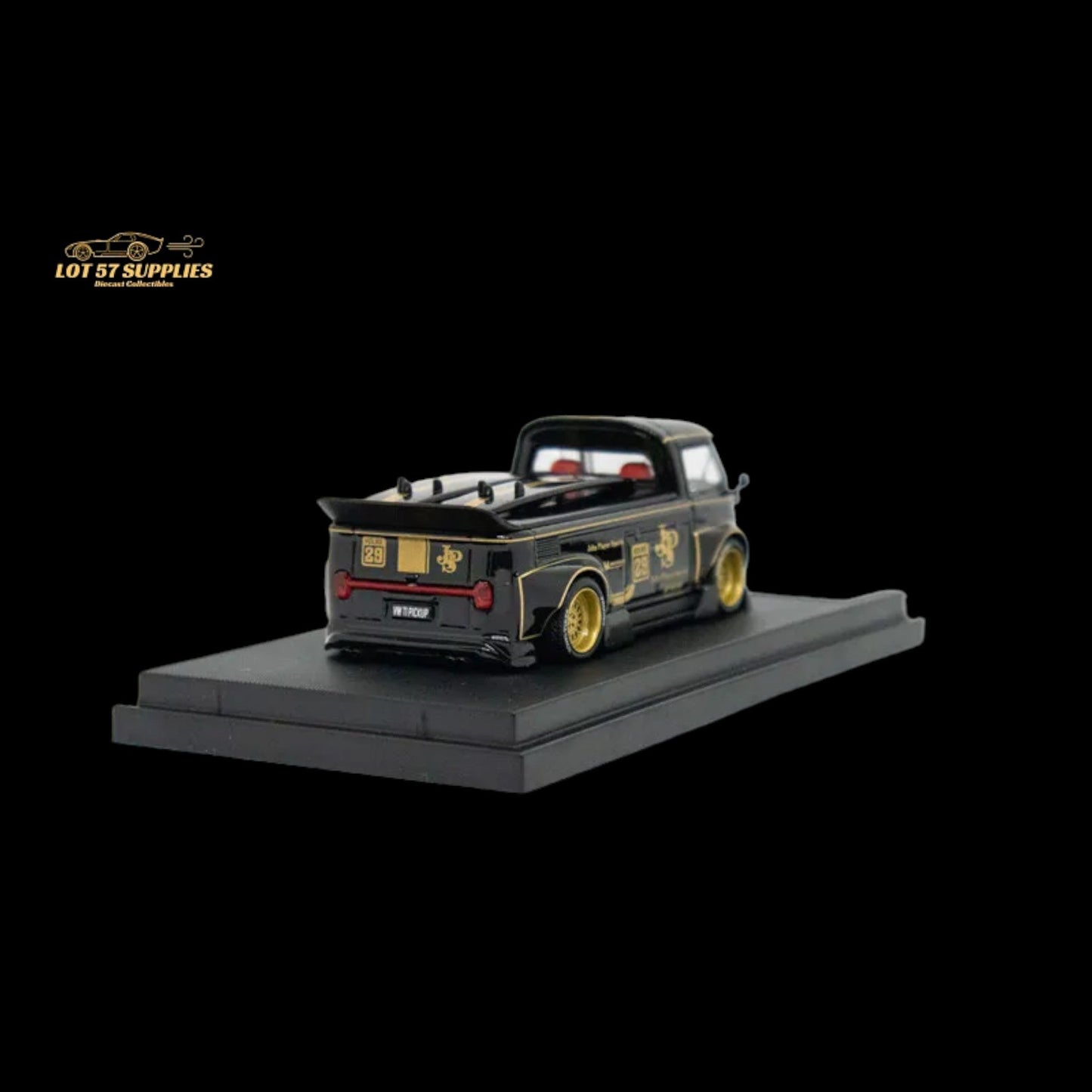 Diecast Volkswagen T1 Pick Up JPS with surfboards model in 1:64 scale by Lot57Supplies Diecast Shop, detailed miniature vehicle image.