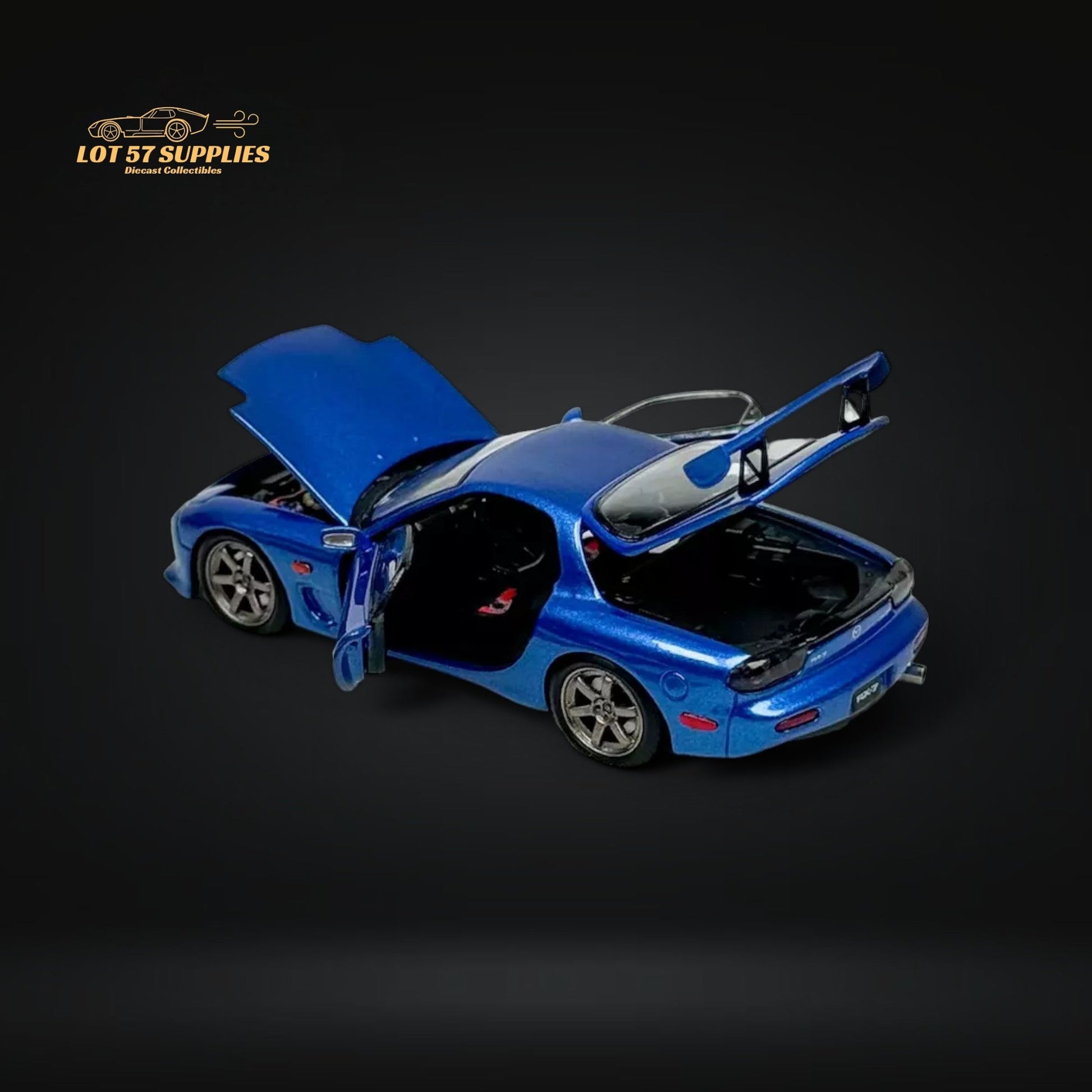 Metallic blue Mazda RX-7 FD3S diecast model by Lot57Supplies, detailed 1:64 scale Mazda car collectible.