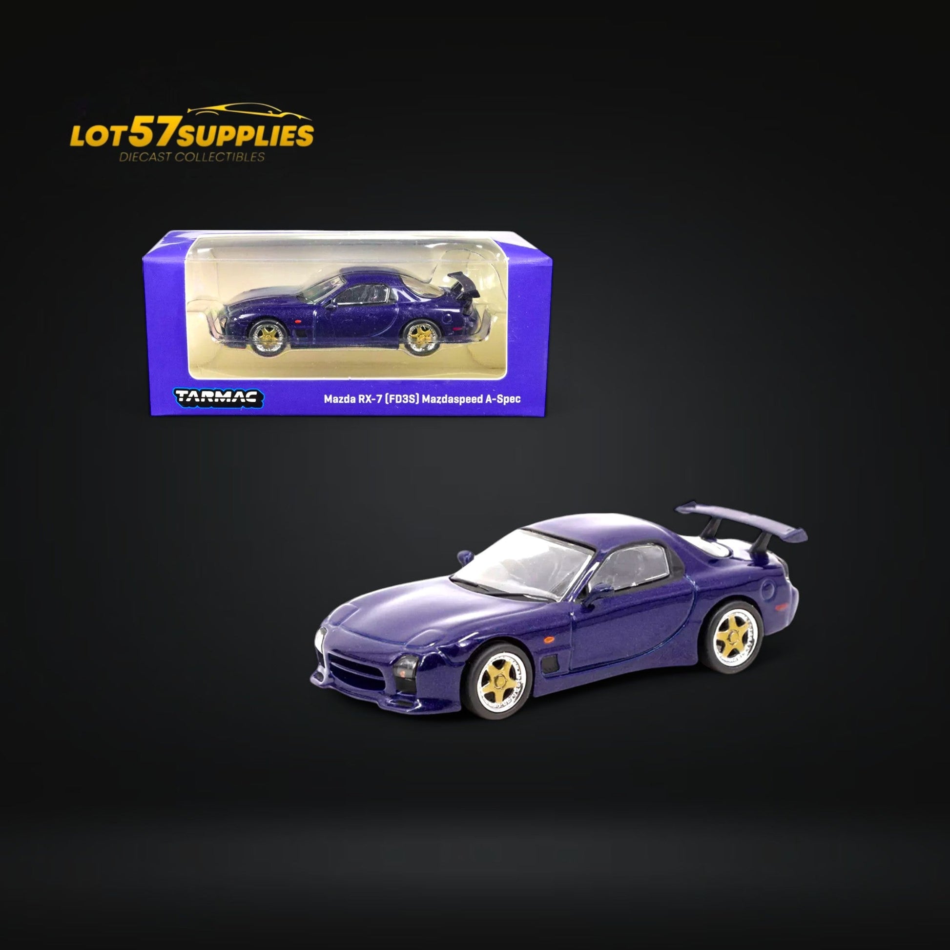 Mazda RX-7 FD3S diecast model in Innocent Blue Mica, 1:64 scale, showcasing detailed exterior and sporty design.
