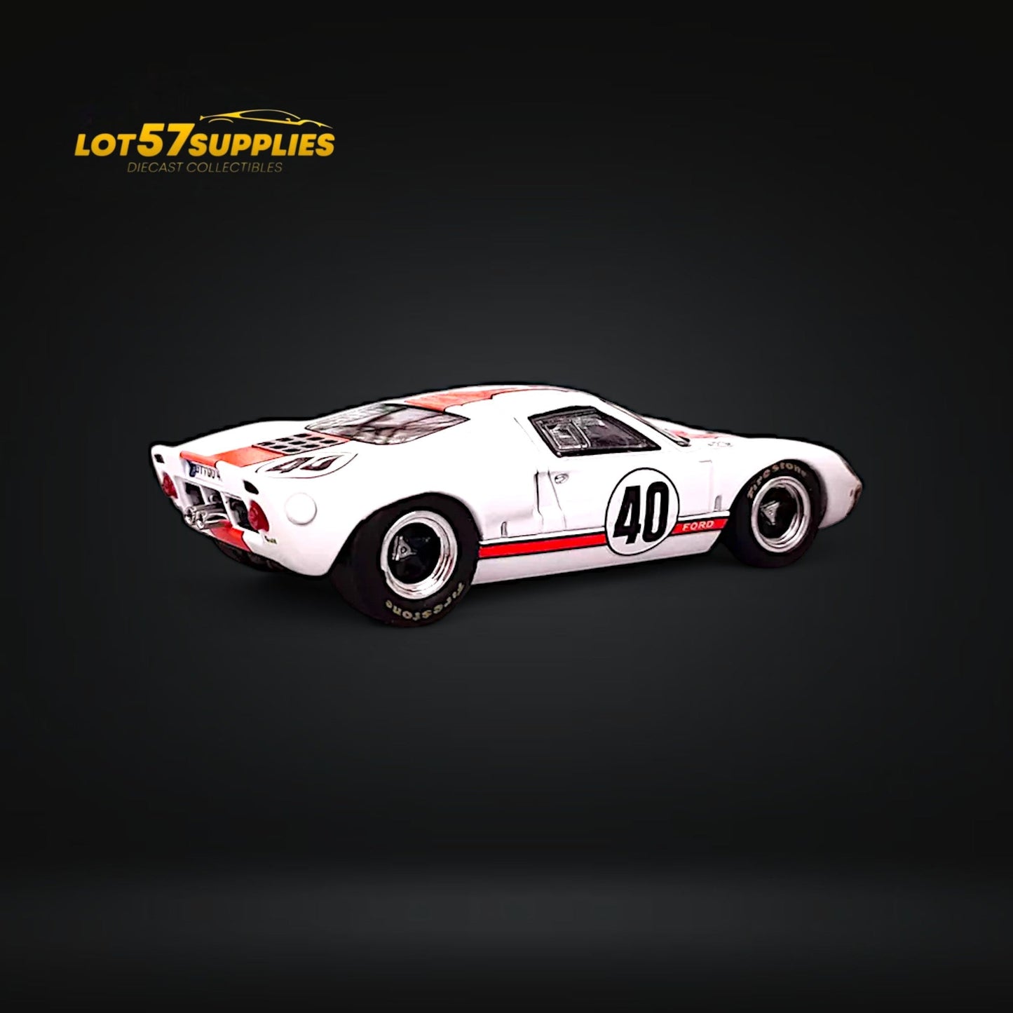 Diecast Ford GT40 MK1 model in Gulf livery by Lot57Supplies, detailed 1:64 scale with vibrant Gulf racing colors.