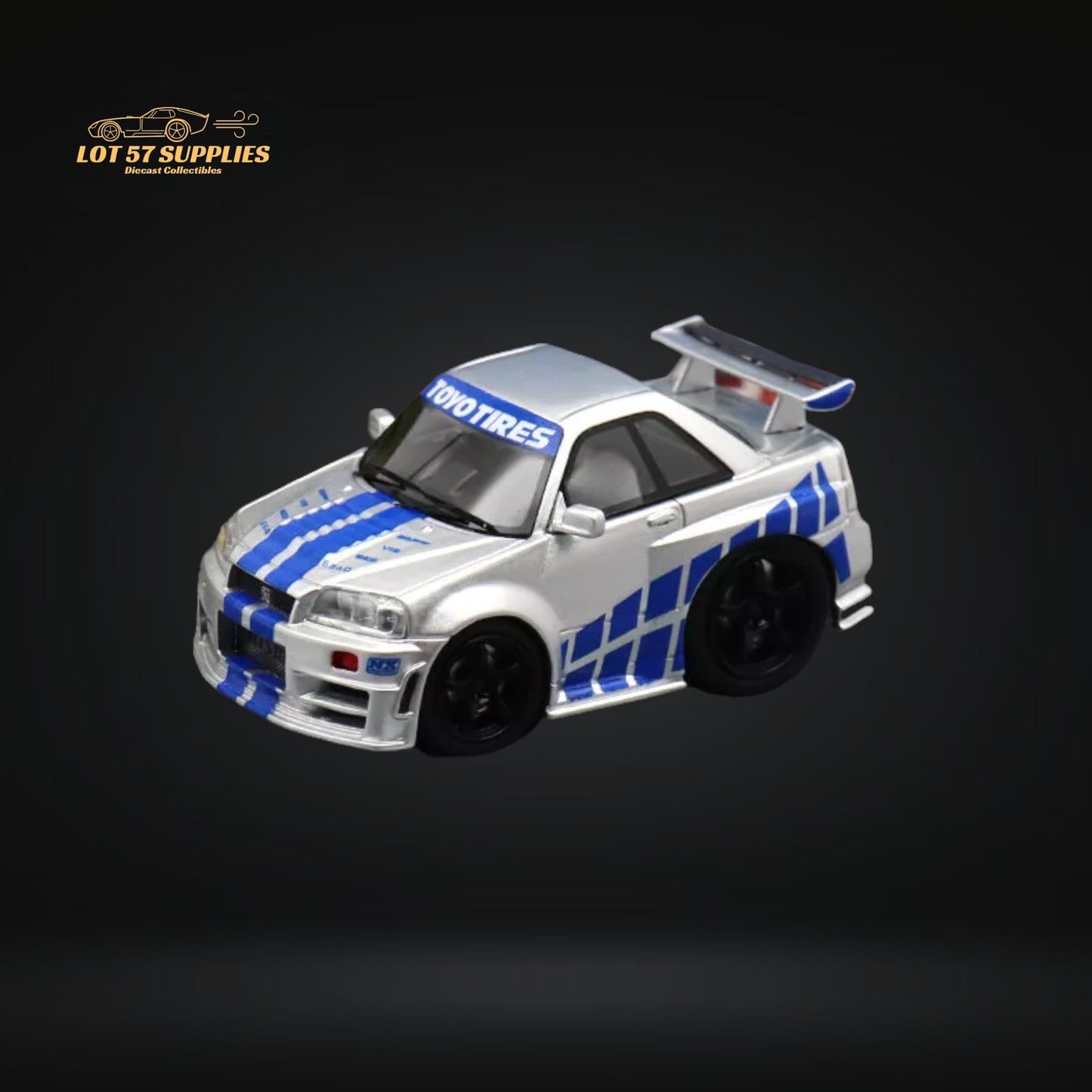 Silver blue Nissan Skyline R34 diecast model with F&F livery, 1:64 scale from Lot57Supplies Diecast Shop.