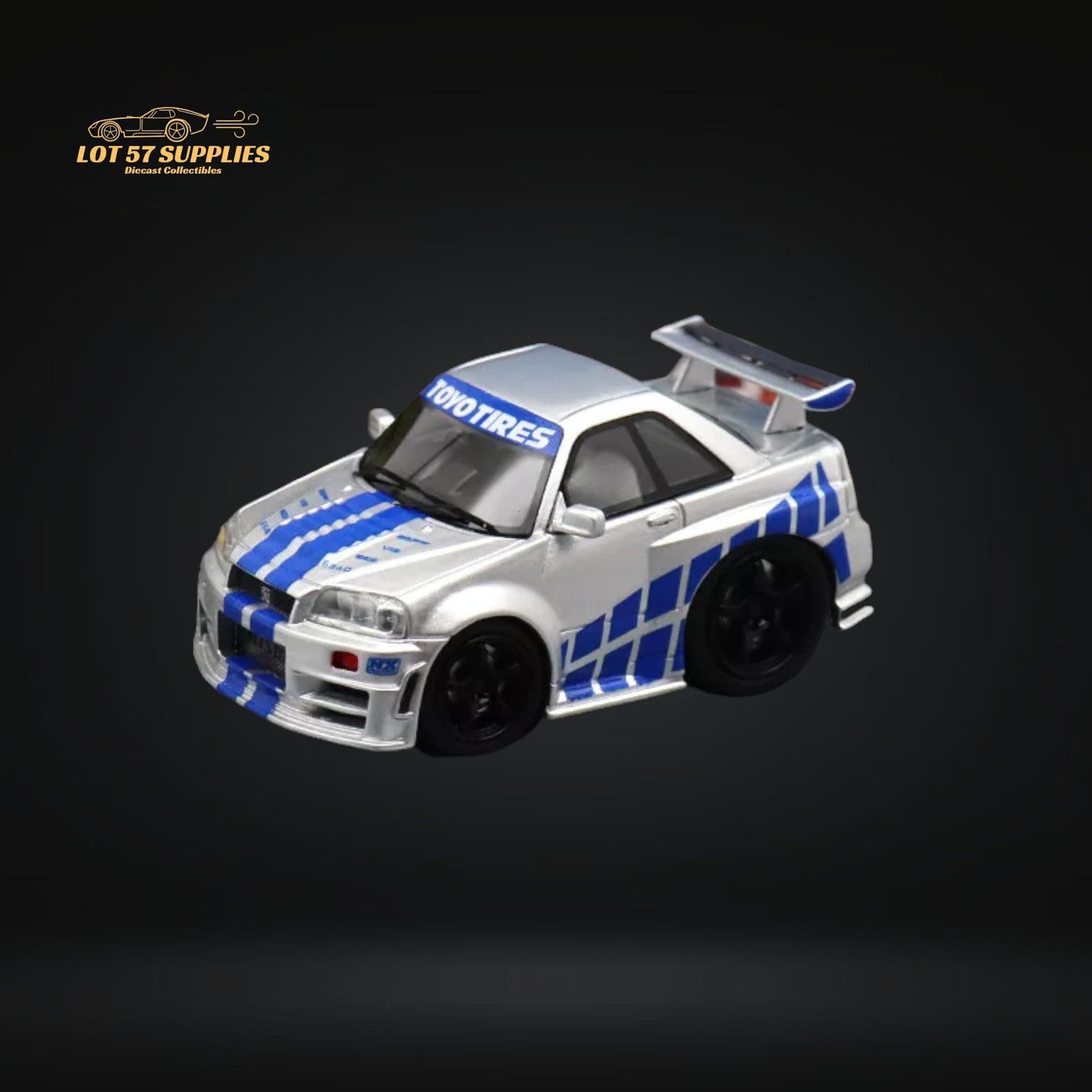 Silver blue Nissan Skyline R34 diecast model with F&F livery, 1:64 scale from Lot57Supplies Diecast Shop.