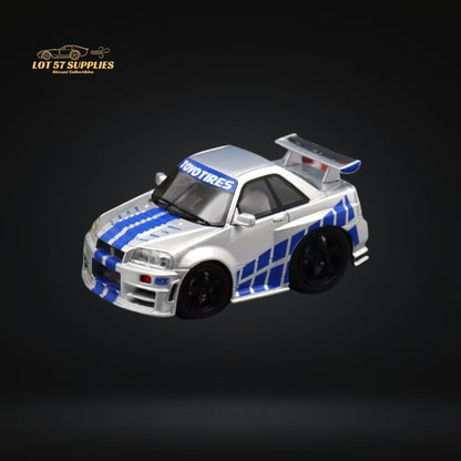 Silver blue Nissan Skyline R34 diecast model with F&F livery, 1:64 scale from Lot57Supplies Diecast Shop.