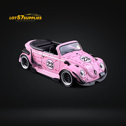 Pink VW Beetle diecast model with pig livery, 1:64 scale, featuring detailed design and vibrant colors, by Lot57Supplies.