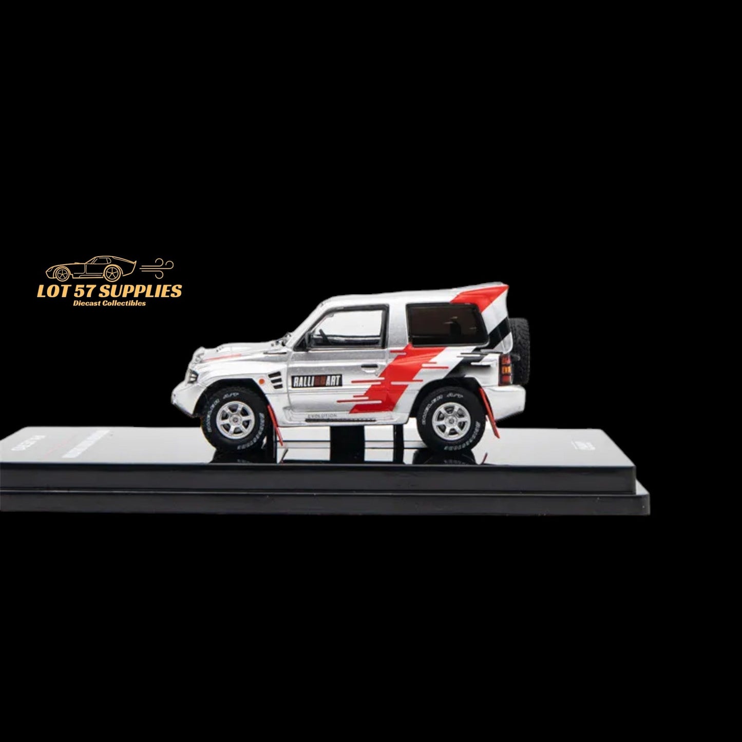Silver Inno64 Mitsubishi Pajero Evolution Ralliart diecast model vehicle, detailed 1:64 scale Mitsubishi SUV.