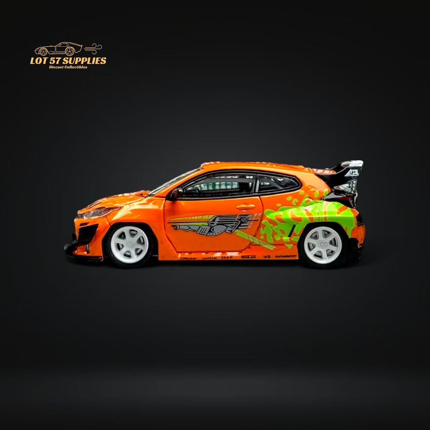 Diecast Toyota Yaris GR model in Fast & Furious livery, 1:64 scale, featuring vibrant race car details from Lot57Supplies Diecast Shop