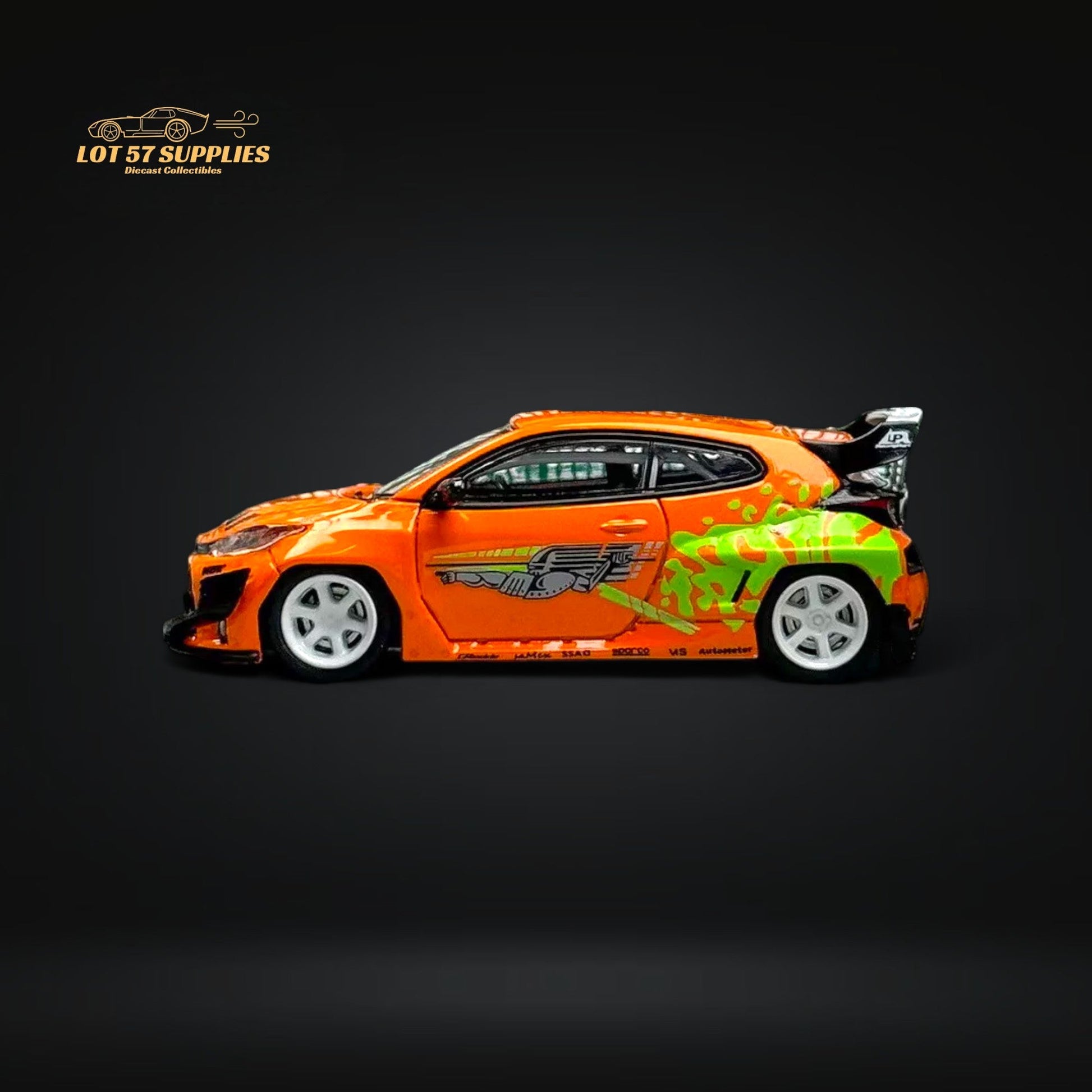 Diecast Toyota Yaris GR model in Fast & Furious livery, 1:64 scale, featuring vibrant race car details from Lot57Supplies Diecast Shop