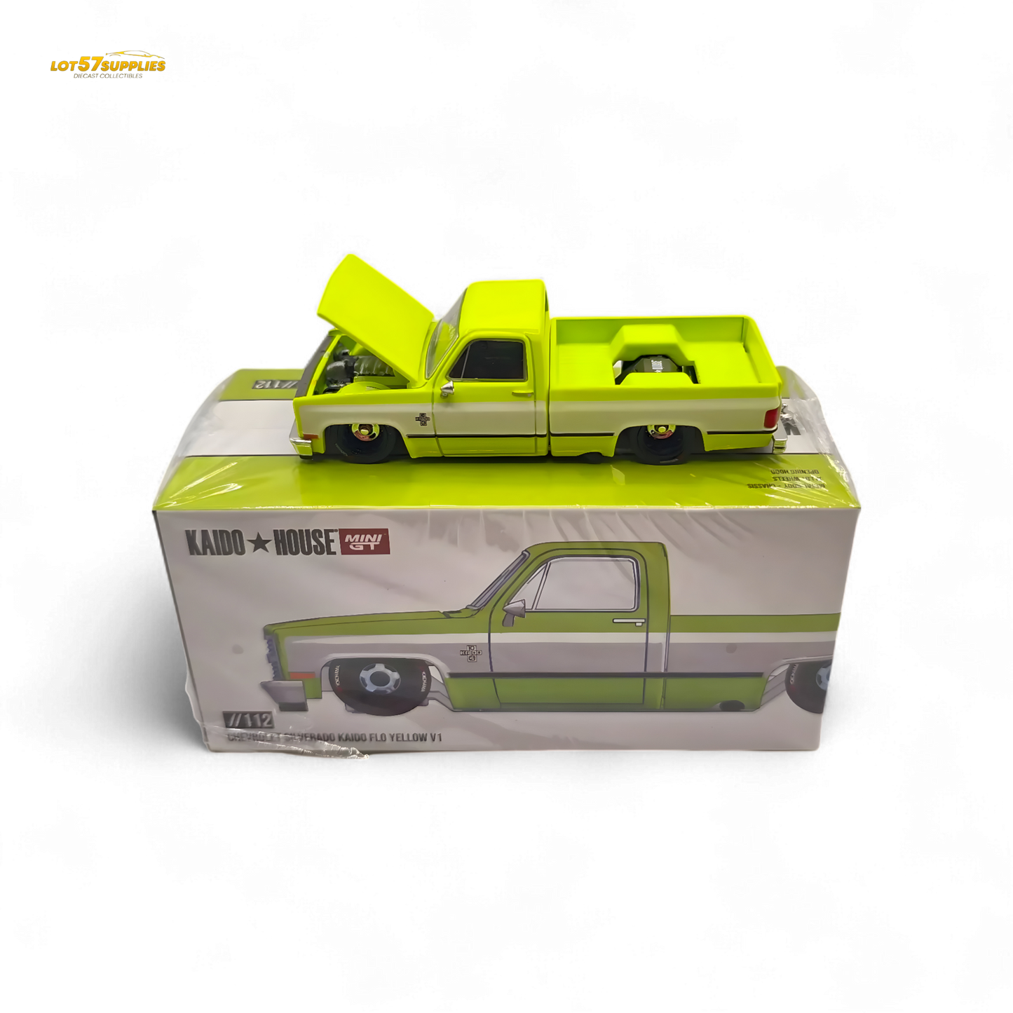 Mini GT x Kaido House Chevrolet Silverado FLO YELLOW diecast model in 1:64 scale, yellow Chevrolet pickup truck with detailed features.