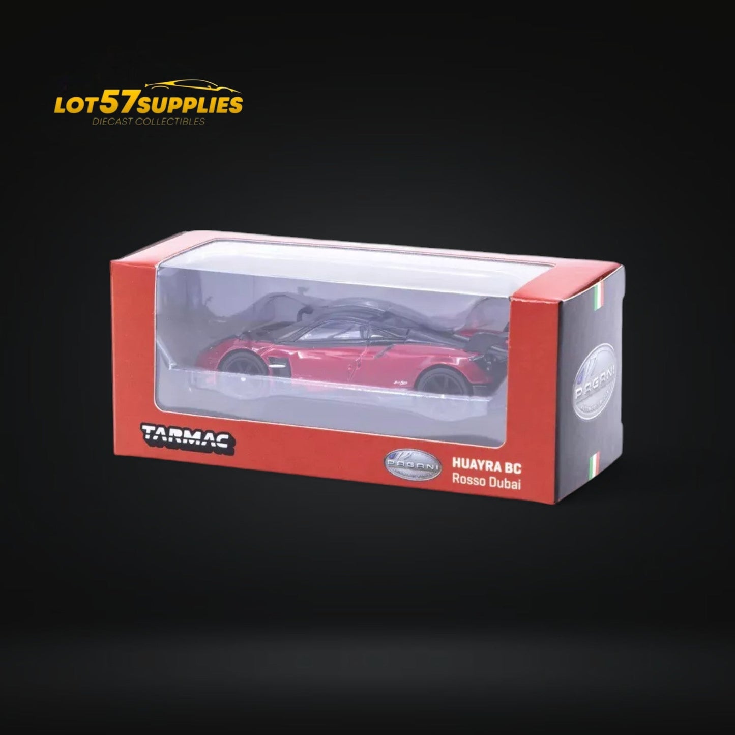 Red Pagani Huayra BC diecast model in 1:64 scale, showcasing detailed exterior design and vibrant color.