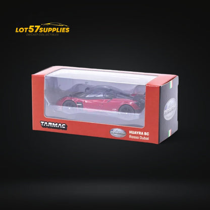 Red Pagani Huayra BC diecast model in 1:64 scale, showcasing detailed exterior design and vibrant color.