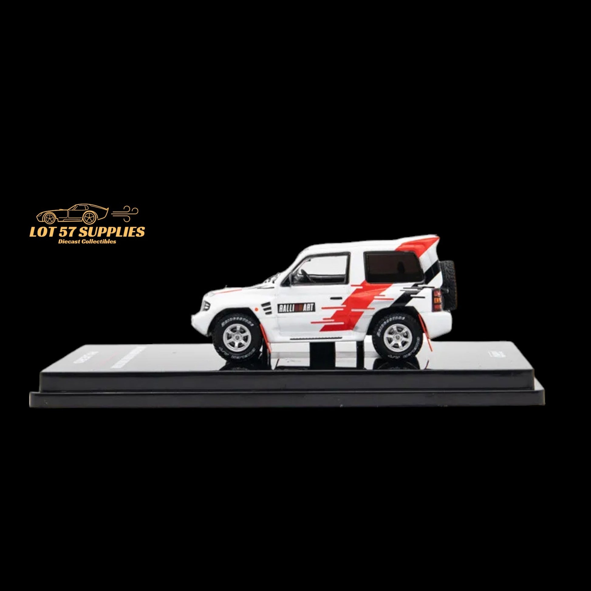 White Inno64 Mitsubishi Pajero Evolution Ralliart diecast model in 1:64 scale, detailed miniature vehicle with Ralliart branding.