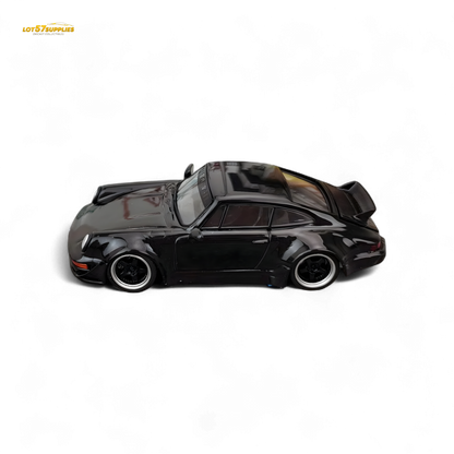 Gloss black Porsche 964 RWB Ducktail diecast car model in 1:64 scale, showcasing detailed exterior and sleek design.