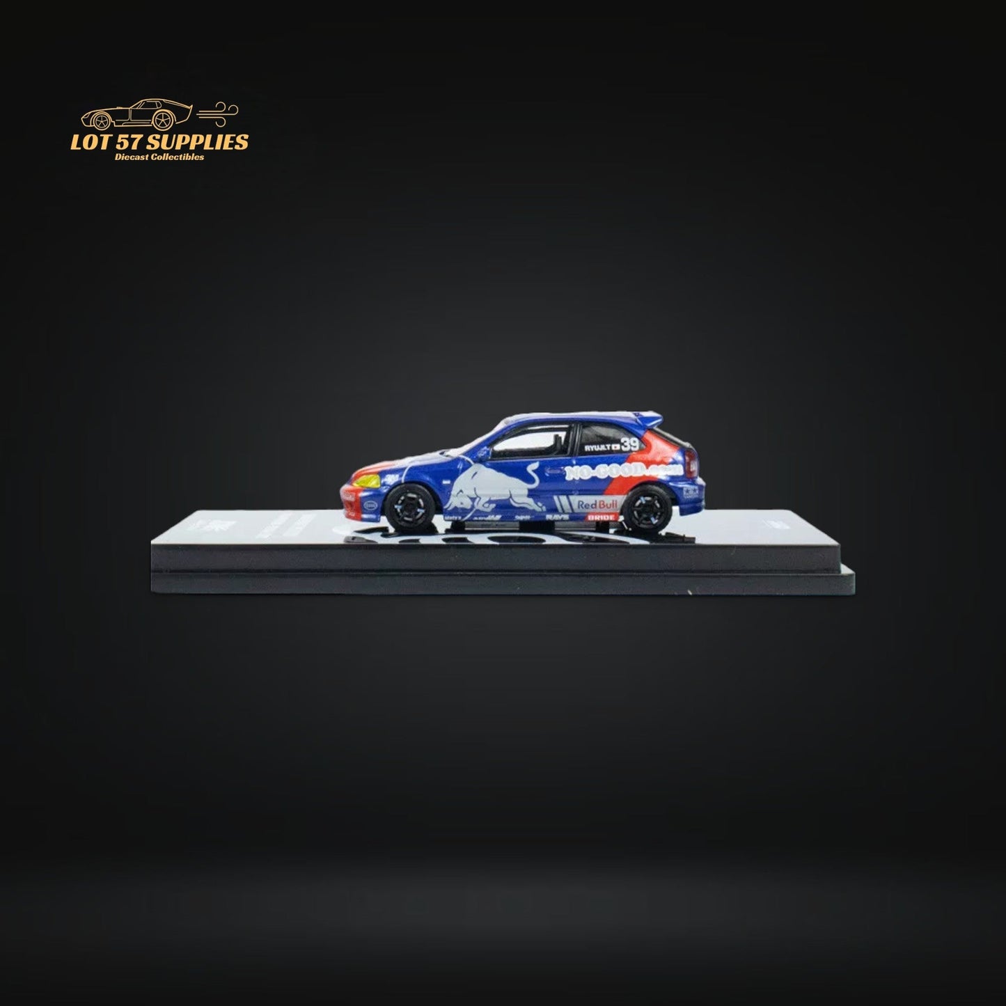 Red Bull livery Honda Civic Type-R EK9 diecast model by Inno64, detailed red and white racing car in 1:64 scale