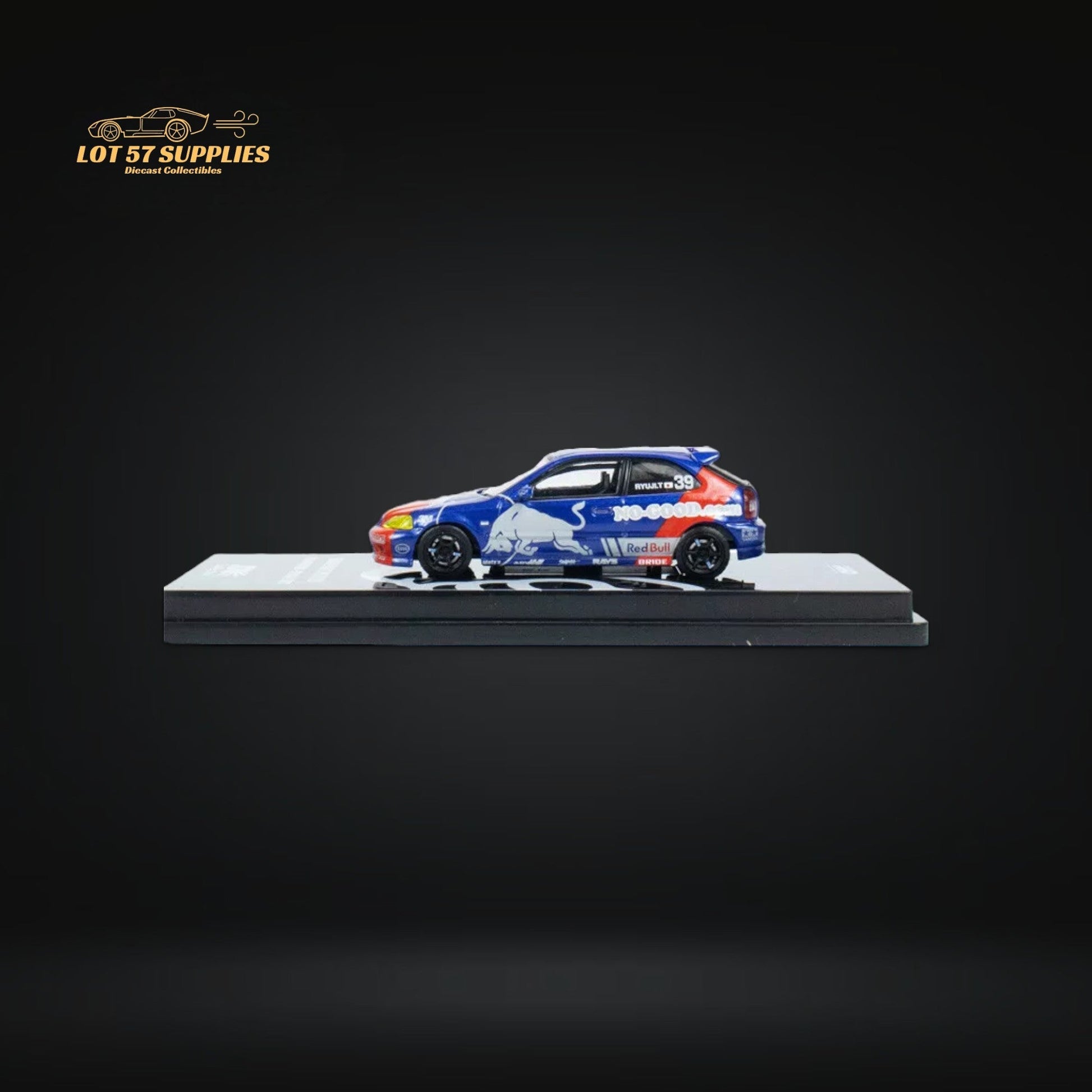 Red Bull livery Honda Civic Type-R EK9 diecast model by Inno64, detailed red and white racing car in 1:64 scale