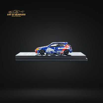 Red Bull livery Honda Civic Type-R EK9 diecast model by Inno64, detailed red and white racing car in 1:64 scale
