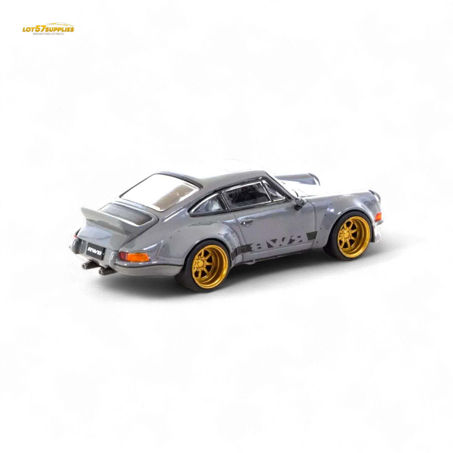 Grey Porsche Tarmac Works RWB Backdate diecast model in 1:64 scale, showcasing detailed body and realistic design features.