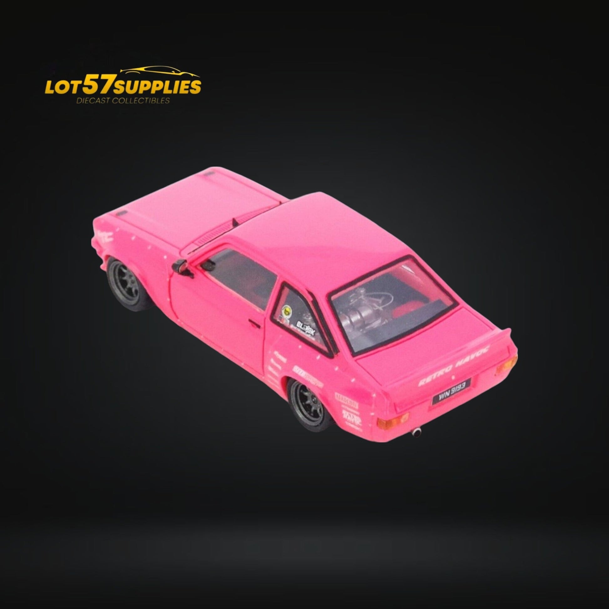 1:64 scale Inno64 Ford Escort MK2 Pandem "Emotion" diecast model in pink, featuring detailed retro design and sporty styling.